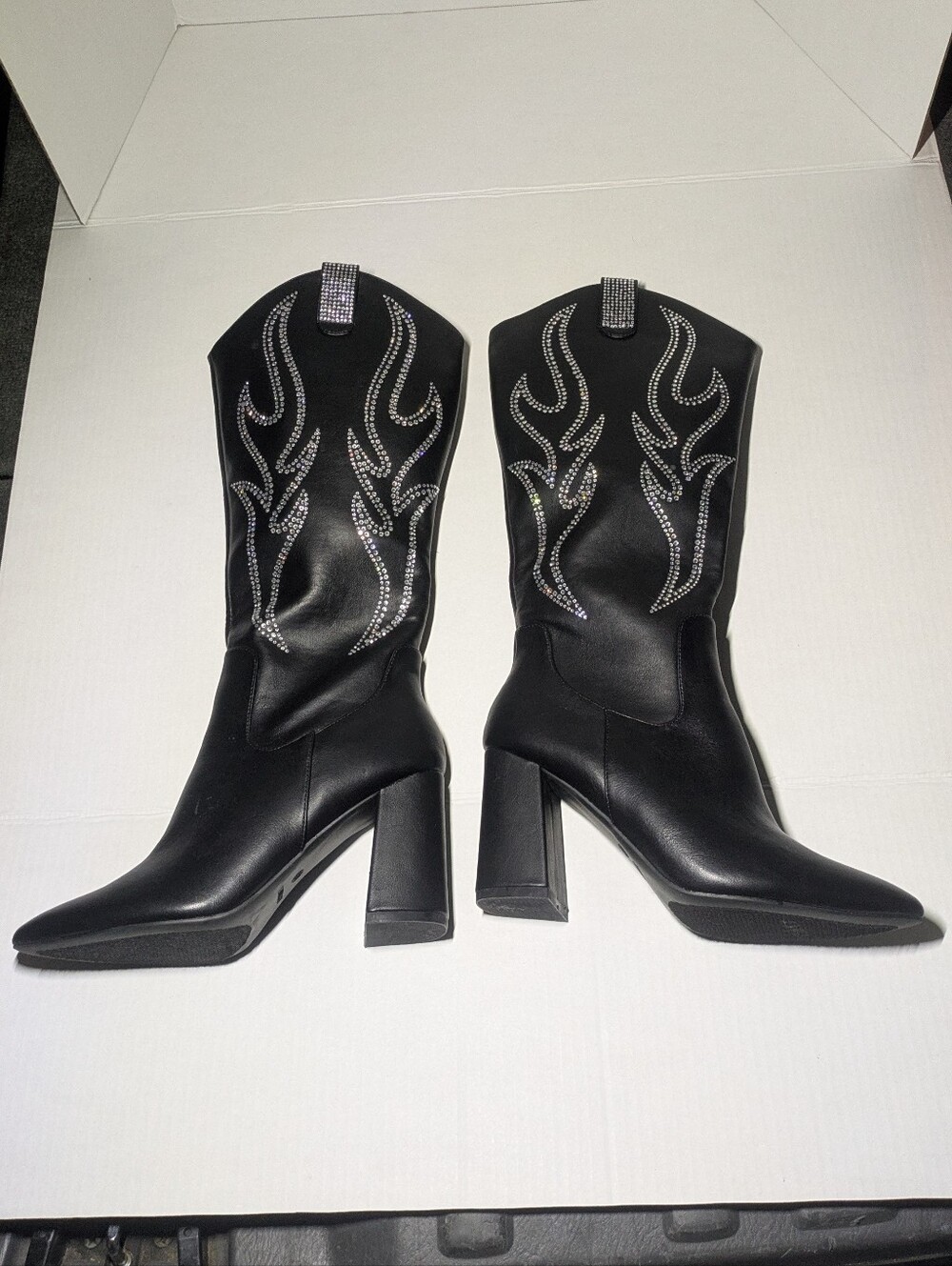 Black Embellished Western-Style High Heel Boots